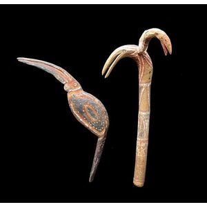 Two fine old Abelam bird carvings, one a long beaked bird with…