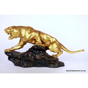 A French gilded lioness sculpture, circa 1930s, with signature…