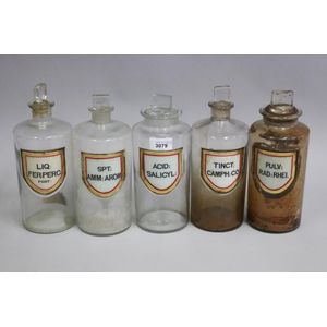 Five antique under chemist under glass label jars, SPT:AMM:AROM,…