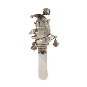 A 'Punch' sterling silver baby rattle with mother of pearl…