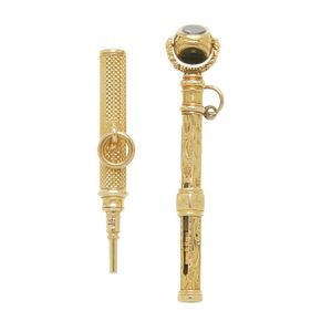 Two gold propelling pencils, one with a hardstone set swivel…