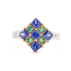 Created sapphire and 9ct yellow gold ring also set with emerald…
