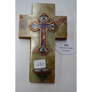 Antique French champleve enamel & onyx blessing font, 16.5 cm…