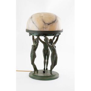 Art Deco patinated bronze table lamp, three standing maidens…
