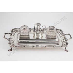 Large Victorian sterling silver desk stand, two handled oblong…