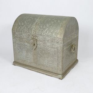 A decorative metal lined dome top casket shaped storage box,…