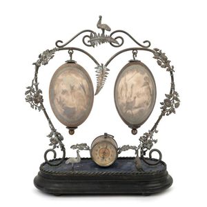 Australiana silver plated mantel clock with two carved emu eggs…