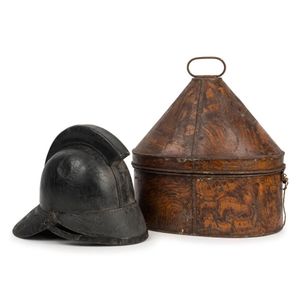 Fire Brigade antique leather covered helmet, with metal hat tin,&hellip;