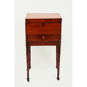 Mahogany tea caddy on stand, the rectangular box with ebony…