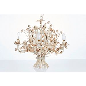 Wrought iron chandelier, painted white, with applied leaves and…