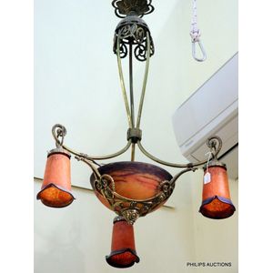 A signed Muller Freres bronze and glass chandelier, circa&hellip;