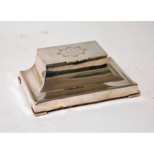 A 1920s silver twin ink pot desk stand, tapered rectangular…