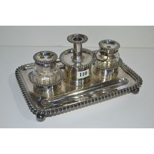 Elaborate Sheffield plate desk top ink set with gadrooned edge,…