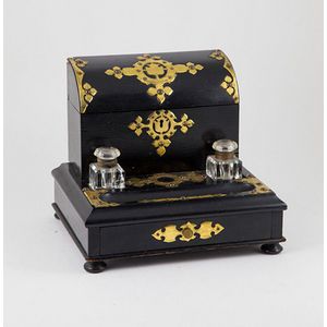 Victorian ebonised desk stand with domed letter rack, two…