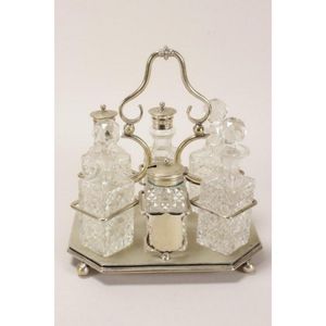 Edwardian silver plate cruet set, fitted with six hobnail cut…