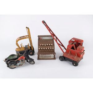 Boomeroo Hyster, tin toy crane, motorcycle with sidecar and…