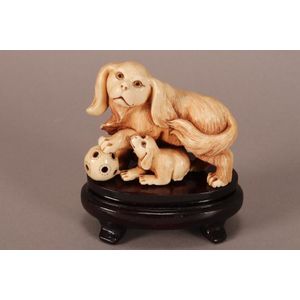 Large carved mammoth ivory okimono, in the form of a dog with&hellip;