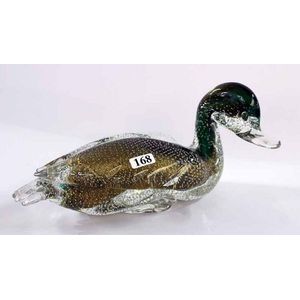 A Murano sculptural duck, made by Barbini. Green glass, filled…