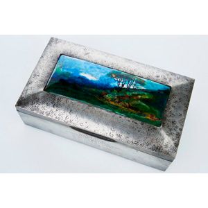 Liberty & Co., Tudric pewter and enamel cigar box, c. 1910, of…