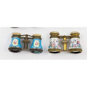 Two pairs 19th century French opera glasses both painted in…