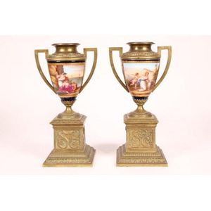 Pair 19th century Royal Vienna twin handled urns and covers,…