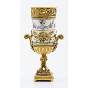 A French hand painted porcelain ormolu mounted urn, 19th…