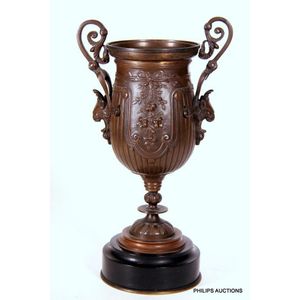 A French bronze urn, 19th century, a bell shaped urn with high…