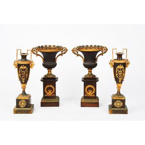 Two pairs of ormolu mounted and patinated spelter Garnitures,…