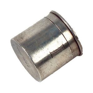 A small heavy silver pyx, of plain cylindrical form, the screw…