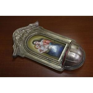 Vintage holy water font, with mother and child porcelain panel,…