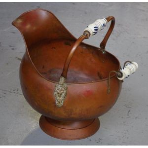 Antique copper coal scuttle, with blue & white porcelain handle,…