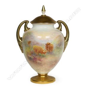 A Royal Worcester lidded urn, painted with Highland cattle by…