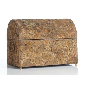 A needlework mounted casket, 19th century, the rectangular body…