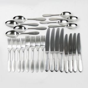A four piece Georg Jensen brushed steel cutlery set, dinner and…
