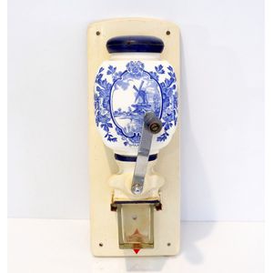 Vintage coffee grinder, blue Bakelite lid with small crack