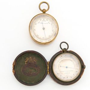 Two pocket barometers, one with leather case, 19th century, 4.5…