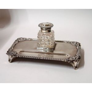 A Victorian silver inkstand, the plateau of oblong shape with…