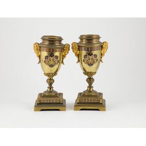 Pair French gilt metal & champleve enamel garniture urns cherub…