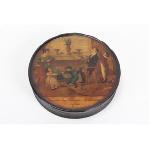 19th century French paper mache box and cover, of circular form,…