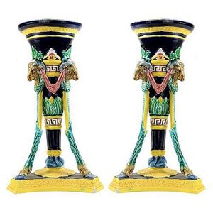 A pair of Hugo Lonitz majolica vases with rams head terminals&hellip;