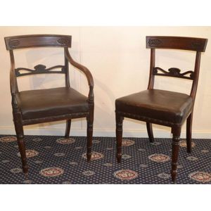 Pair of high back dining chairs with maroon fleur de lys upholstery