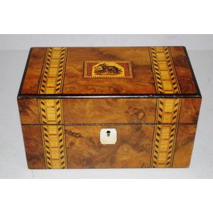 Tunbridge ware timber tea caddy, with mother of pearl…