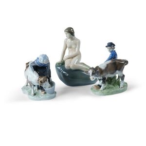 3 Royal Copenhagen porcelain figures. Mermaid, boy with calf,&hellip;