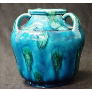 Japanese pottery Cyan glaze three handled vase circa 1915,…