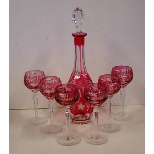 Bohemian cut crystal decanter & 6 goblets ruby flashed colour…