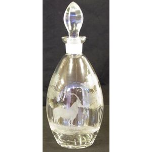 Victorian deer and tree etched glass decanter H29 cm approx