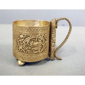 Asian silver tea glass holder, with Cyrillic script engraving…