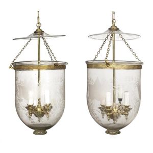 A pair of glass and brass Hundi hanging lanterns, 20th century,&hellip;