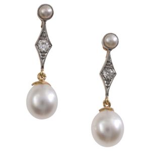 Pearl and Diamond Drop Earrings with Old Cut Diamonds - Earrings ...