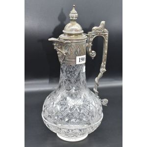 An antique cut crystal and silver plate claret jug with…